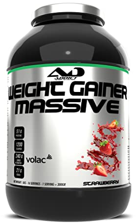 Addict sport nutrition - Weight gainer massive - Prise de masse musculaire avec protéine concentrée - Ultra calorique 1200 kcal par dose - 51g de protéine et 21g de BCAA - 5 kg - Goût fraise