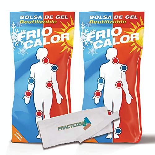 Practicosa Bolsa de Gel Frío y Calor Reutilizable. Bolsa de Primeros Auxilios para Congelador o Microondas. Compresa Fría-Caliente para Lesiones. 13x27 Cm. 2 Unidades + 1 Funda con Velcro