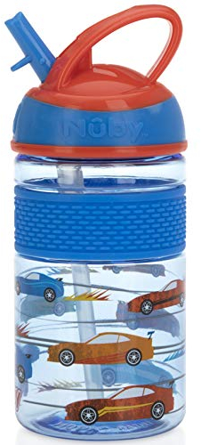 Nuby Thirsty Kids Flip-it Freestyle 12 oz Water Bottle with Bite Resistant Hard Straw, Blue Cars