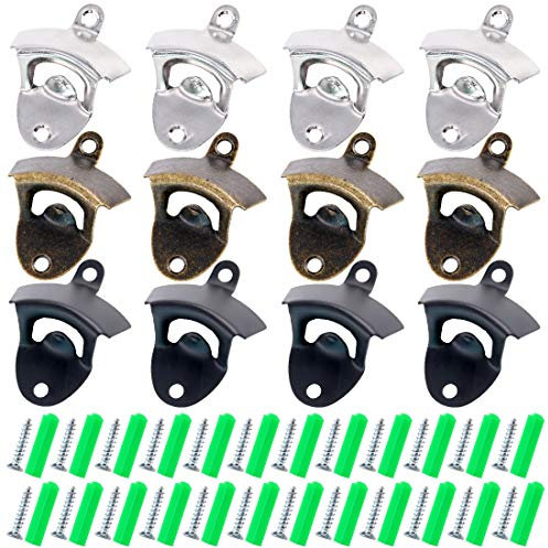 Glarks - Juego de abrebotellas de pared para cerveza o coque, 12 unidades, color plateado y bronce, con tornillos de montaje