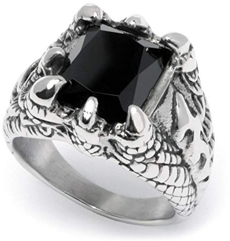 Schmuck-Checker 316L Edelstahl Männer Ring Onyx Stein Klaue Krallen verziert silber schwarz Stein Gothic Schmuck Geschenk (69 (22.0))