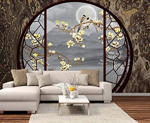 MIWEI Wallpaper Papier Peint Panoramique Porte Ronde Fenêtres Paysage Fleurs Et Oiseaux Papier Peint Intissé Tapisserie Murales Chambre Salon