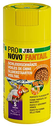 JBL PRONOVO FANTAIL GRANO, Hauptfutter für Schleierschwänze und Goldfisch-Zuchtformen von 3-10 cm, Fischfutter-Granulat, Klickdosierer, Größe S, 100 ml