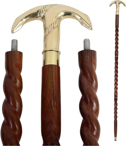 Samara Nautical Walking Stick Wood & Metal Mens Walking Canes Spindle Shaft Wooden with Brass Anchor Handle Brown