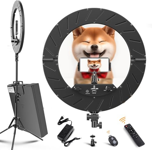 JJ JIANJIN Ring Light 18 INCH Kit,55W6700k Dimmable LED Light, Tripod Stand, Remote Controller,Box for Camera,Smartphone,YouTube,TikTok,Self-Portrait Shooting,CRI95 (Black)