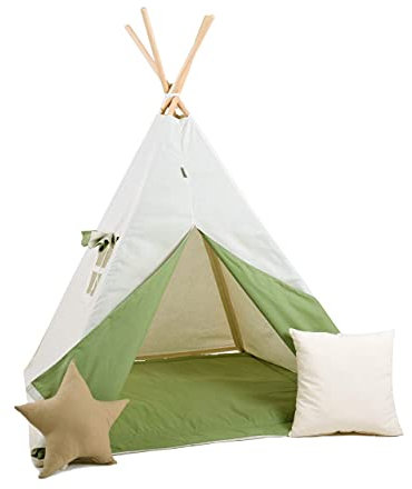 Rainbow Kids Tipi Zelt für Kinder | Baumwollsegeltuch Tippi Kinderzelt, Mehrere Muster und Farben mit und ohne Spielzubehör für Outdoor- und Indoor-Kinderspaß (Grüner Wolf, mit Zubehör (klein))