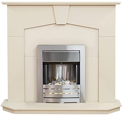 Adam Abbey Fireplace in Stone Effect with Helios Electric Fire in Brushed Steel, 48 Inch