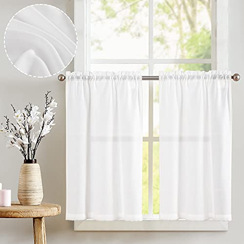 Vangao Leinenoptik Scheibengardinen Weiß Küche Modern Gardinen Kurz Bistrogardine 2er Set 65Bx115Hcm mit Stangendurchzug Landhausstil Halbtransparente Weiss Vorhänge Kurz Küchengardinen für Wohnwagen
