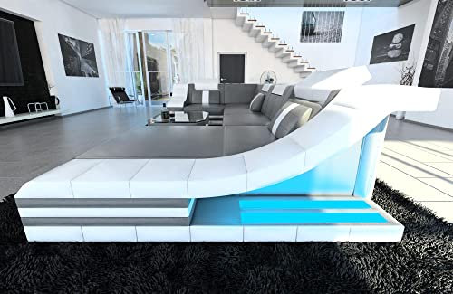 Sofa Dreams Wohnlandschaft Turino U Form Ledersofa - mit LED Beleuchtung, verstellbare Kopfstützen, Recamiere/Lederfarben wählbar/Ausrichtung wählbar (Ottomane rechts, Grau-Weiß)