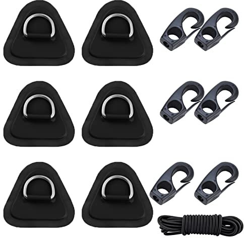 Dreieck Edelstahl D-Ring Pad Patch mit Bungee Cord und Clips Kit für PVC Aufblasbare Boot Schlauchboot Kajak Kanu SUP (Schwarz 6 Packs)