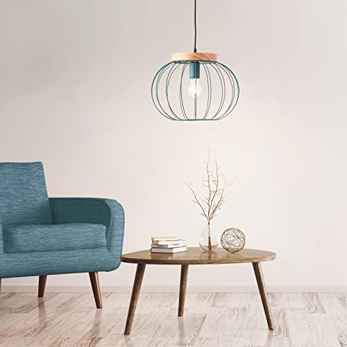 Brilliant 1 flammige Hängelampe im Neo Retro Stil - höhenverstellbare Pendelleuchte - FSC zertifiziert - mit kürzbaren Kabel aus Metall/Holz, in türkis - Ø 36cm & 1,3m Höhe