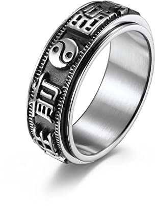 Mesnt Anxiety Ring Edelstahl, Ring Damen, Jahrgang Tai Chi Yin Yang Ring Mit Chinesischen Wörtern Graviert Ring aus Edelstahl Silber Größe 65 (20.7)
