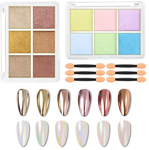 Firtink 2 Packs Chrome Nail Powder, 12 Colors Shiny Nail Art Pigment, Glitter Set for DIY Nail Decoration - Holo Dust