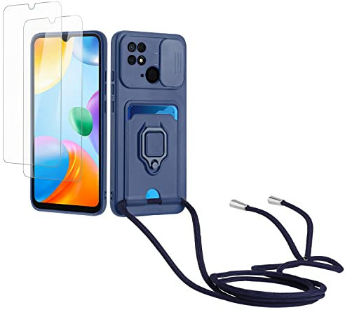 Kaslly Schutzhülle mit Kordel für Redmi 10C + 2 Displayschutzfolien, TPU-Silikonhülle mit Kartenfach, verschiebbare Kameraabdeckung, doppelseitiger Schutz, Marineblau