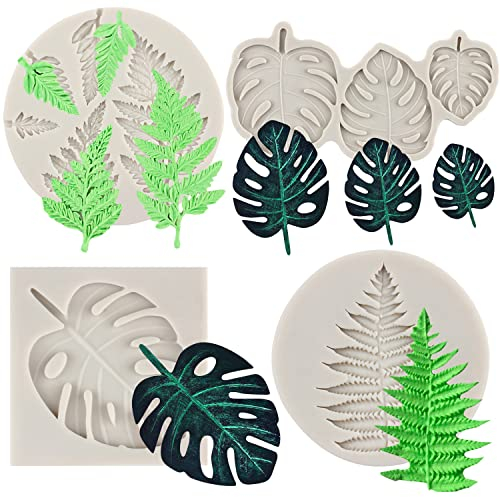 Sijiangmold Hawaiianische tropische Palmblatt-Silikonform Farnblätter Fondantform Monstera-Blatt Kuchenform für Kuchendekoration Schokolade Süßigkeiten Polymer Clay Gummipaste Set von 4