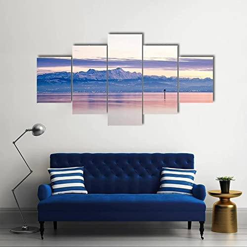 WAGYU 5 teiliges wandbild Blick vom Bodensee in die Schweizer Alpen 5 stück leinwand wandkunst,5 teilig leinwand wanddeko,leinwanddruck 5 teilig Bilder Wohnzimmer modern groß,mit Rahmen,XXL 150x80