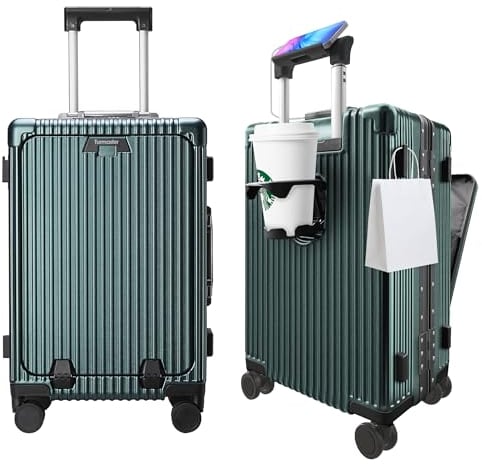 Turmaster Patented Airline Genehmigt Handgepäck mit Spinner-Rädern, 20 Zoll Koffer mit Aluminiumrahmen, integriertes TSA-Schloss, mit USB-Anschluss & Tasse, Handy-Halterung Reisekoffer (Grün)
