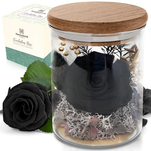 Havenstock Premium Echte Rosen - Schwarz - Langlebige Beerdigungsblumen in Glas mit Akazienholzdeckel