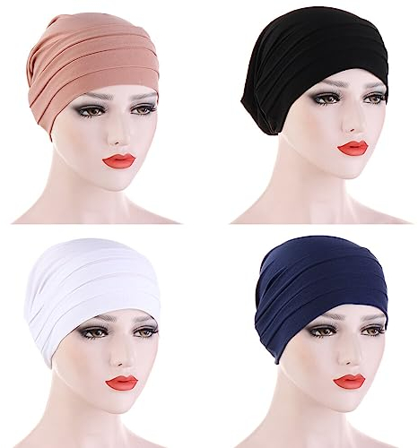 4 Stück Damen Chemo Mütze, Elastische Turban Beanie Bandana Hüte Muslimische Kopftuch Kopfbedeckung Sommer Baumwolle Hut Headwear für Haarausfall Krebs Cap Schlafmütze