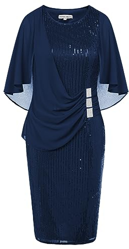 Hanna Nikole Sommerkleid Damen Große Größen Pailletten Partykleid Chiffon Schal Rundhals Knielang Abendkleid Navy Blau XXL