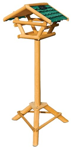 Vogelfutterhaus Tirol Vogelhaus mit integrierter Solar LED-Beleuchtung - Wetterbeständiges Holzdesign in Grün/Braun - Maße: 30 x 22 x 21 cm, Höhe: 120 cm