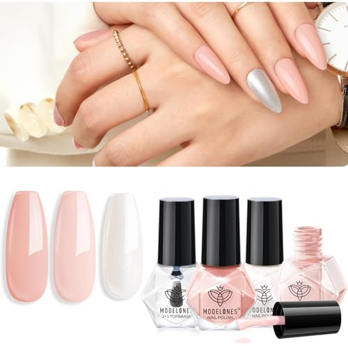 MODELONES Nagellack 3 Farben Rosa Nude Glitter Herbst nagellack schnelltrocknend Set, Nagellack mit Base Coat Top Coat und Remover Cotton Neutral Skin Tone für DIY Salon Geschenk für Frauen Mädchen