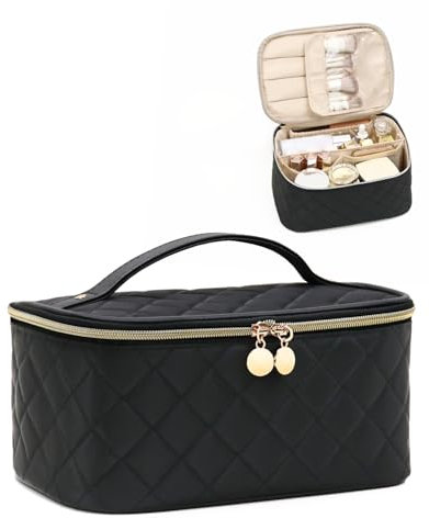 Prite Groß Kosmetiktasche für Damen Reise Kulturtasche in Gestepptem Design Tragbare Kulturbeutel oder Make Up Tasche mit Griff und Abnehmbarem Trenner (Schwarz)