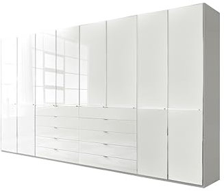 WIEMANN Drehtürenschrank mit 10 Schubkästen hochwertiger Kleiderschrank Schlafzimmerschrank 400cm breit, mit Schubladen, Glas Weiß, Höhe 236cm, Shanghai