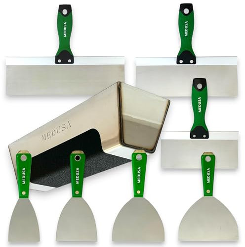 Medusa's Professional Grade Flexible Stainless Steel Drywall Taping Knife Set with 12 Mud Pan and Grip: Classic Style Handles with Strong Flexible Blades for Professional Finishers: See Video