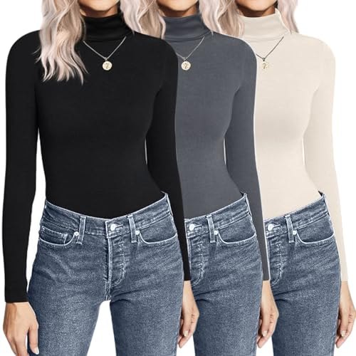 Ekouaer Damen 3-teiliges Rollkragen-Shirt, langärmelig, leicht, Basic, schmale Passform, weiche Thermounterwäsche, Tops (S-XXL)
