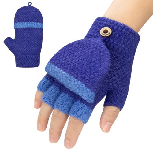 Kiiwah Gants Sans Doigts avec Rabat pour Enfant, Mitaine Hiver Thermique Gants Extensibles pour Garçons Filles de 3 à 10 Ans (Bleu)