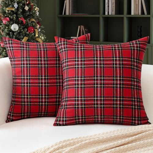 Ohok 2er Set Weihnachten Kissenbezug, Weiche Zierkissenbezüge Modern Dekokissen Kissenhülle Set Weihnachtsdeko für Sofa Couch Wohnzimmer Schlafzimmer (Schottland Rot, 45x45cm)
