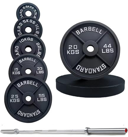 Strongway® Olympic 50KG 70KG 100KG Weight Plates Sets with 6FT 7FT Barbell - 2 Inch (2) / 50mm Hole - Cast Iron Weight Lifting Bar (100KG SET + 7FT BAR)