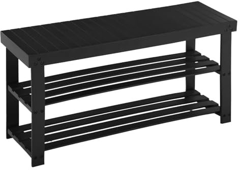 APICIZON Schuhbank, Schuhregal Schwarz aus Bambus, 90 x 28 x 45 cm, Schuhschrank mit Sitzbank für Flur, Wohnzimmer, Garderobe, Bad, Diele, 3 Ablagen