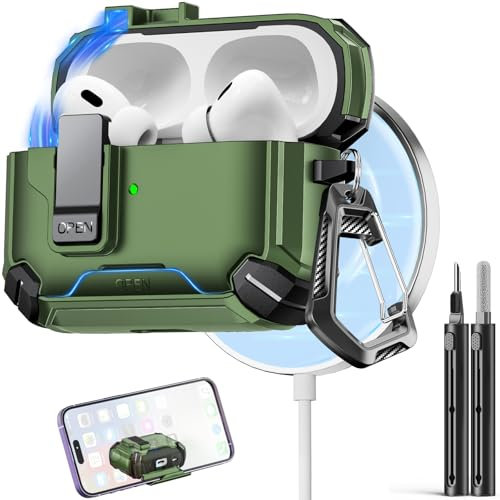 Inesore Kompatibel mit AirPods Pro 2. / 1. Generation, Schutzhülle mit Handy-Ständer und Reinigungsset, kompatibel mit Magsafe, magnetische, automatische Verriegelung für iPod Pro Ladehülle
