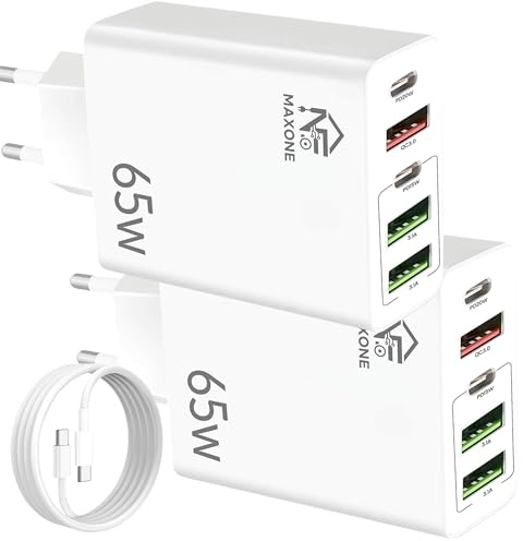 NFMAXONE Pack 2 Cargador USB C Carga Rápida - Cargador Móvil USB Múltiple 5 Puertos - Enchufe Multiple 65 W – Adaptador USB C Compatible con Samsung, iPad, iPhone, Google, Carga Rapida 65W