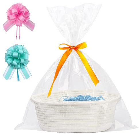 Woven Rope Gift Basket,Hamper Baskets for Gifts Empty,Gift Basket Hamper Kit,Baskets for Gifts with Cellophane Bags,Raffia,Ribbon Bow ,Suitable for Baby Showers, Weddings, Birthdays Gifts (1pcs)