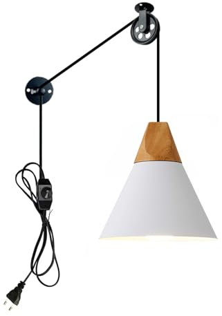 FSLiving Pendelleuchte mit Eisenschirm, Höhenverstellbare Pendelleuchte mit Umlenkrolle, steckerfertiger Kronleuchter mit 4 m CE-geschaltetem Dimmer-Steckerkabel, ohne Leuchtmittel, φ 22cm,Weiß