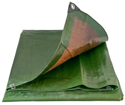 Tough heavy 220 gsm duty waterproof green with brown reverse tarpaulin/tarp cover sheet/extra eyelets at 50cm with reinforced corners,ideal as a camping ground sheet.(3m x 3m)