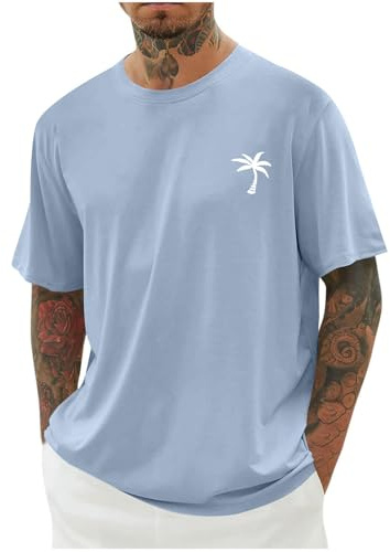 Qixiu Übergroßes T-Shirts für Herren Oberteil Locker Langes Oberteil Herren Casual Themenkleidung Basic Tops Vintage Kokosnussbaum Drucken Streetwear T Shirt Männer Hellgrün Khaki Schwarz