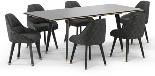 Vicco Esstisch Set Goldamo, Küchentisch, Schwarz, 200 x 90 cm mit 6 Stühlen