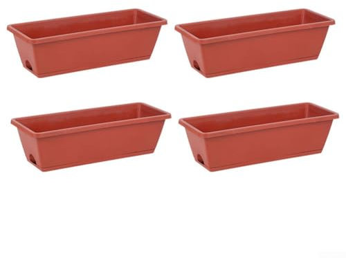 Yhenlovtt Lot de 4 jardinières rectangulaires en plastique avec trous de drainage et plateau pour jardin, balcon, rebord de fenêtre (brique rouge)