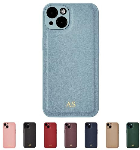 Tirita Personalised Leather Phone Case for iPhone 13 Pro Max – Leather Pastel Blue Case or Cover With Custom Initials – Personalised Gift for Women or Men [05. Pastel Blue Gold Embossed Initials]