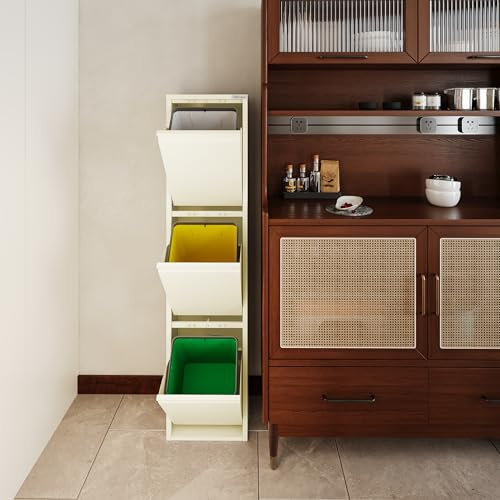 VEEHAUS Poubelle de cuisine pour une utilisation polyvalente avec rabats en acier inoxydable Poubelle élégante pour un rangement efficace et pratique Blanc crème (3 x 15 LT - 45 LT)