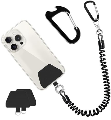 Doormoon Phone Lanyard Tether with Patch*2, Carabiner*1, Bottle Opener Carabiner*1, Stretchy iPhone Lanyard Anti Theft Phone Strap for Anti-Drop Outdoor Compatible for iPhone Most Smartphones, Black