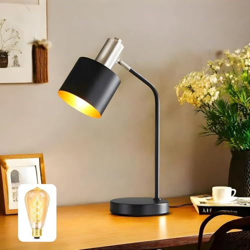 Lichtmaler Tischlampe Vintage Nachttischlampe E27 - Tischleuchte Wohnzimmer Schwarz Gold Kabel Schreibtischlampe Retro Schwenkbar Leselampe Schlafzimmer, mit Leuchtmittel