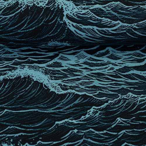 Baumwolljersey - Jersey Stoff - Wellenmuster - Ocean Waves - in 2 Farben - Ökotex Standard 100 - ab 50cm -Meterware (Petrol-schwarz)