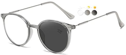 KOOSUFA Runde Selbsttönende Brille Blaulichtfilter Photochrome Brillengestelle Damen Herren Computerbrille Metallbügel Brillenfassung mit UV-Schutz Sonnenbrille ohne Stärke, Durchsichtig Grau