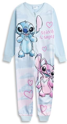 Disney Lilo & Stitch Girls Light Blue Stitch & Angel Zip-Up Onesie | Long Sleeve Microfleece Sleepwear & Loungewear | Soft Nightwear for Kids Merch - 7-8 Years