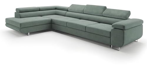 Ecksofa mit Schlaffunktion PASTI XL L-Form, Sofa Couch mit Bettkasten, Couch Eckcouch, Schlafsofa für Wohnzimmer Couch mit Schlaffunktion (Pet Friendly Edition Mintgrün, Ottomane Links)
